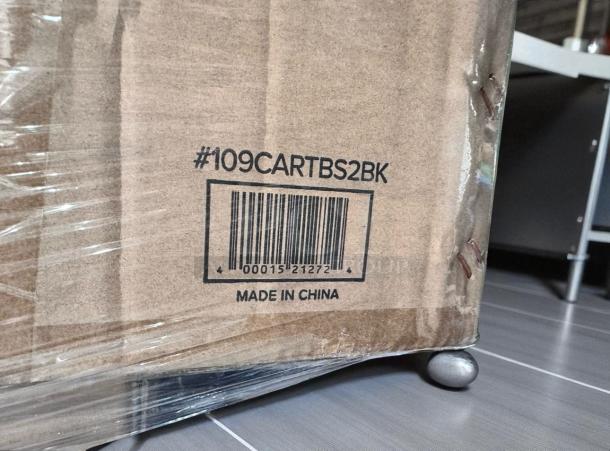 Choice model #109CARTBS2BK small black 2-shelf bus cart, 24" x 16", excellent condition, made in China, shown in packaging.