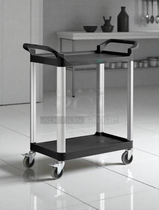 Choice #109CARTBS2BK small black 2-shelf bus cart, 24"x16", excellent condition, fully assembled, with swivel casters.