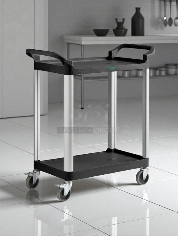 Choice #109CARTBS2BK Small Black 2-Shelf Bus Cart, 24" x 16", excellent condition, fully assembled, with sturdy wheels.