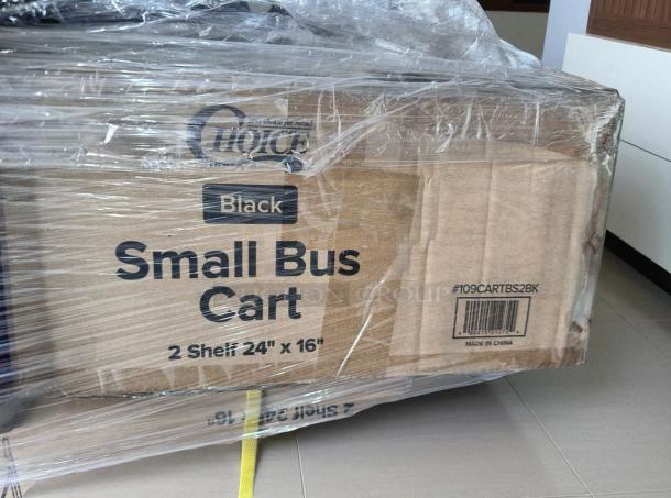 Small black 2-shelf bus cart, Choice #109CARTBS2BK, excellent condition, 24"x16", fully assembled, boxed with label.