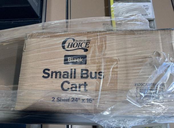 Choice Small Black 2-Shelf Bus Cart in packaging. Model #109CARTBS2BK, dimensions 24" x 16". Excellent condition, fully assembled.