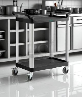 Brand new Choice Large Bus Cart, 31"x19", beige, 2-shelf, heavy-duty commercial grade utility cart with sturdy casters.