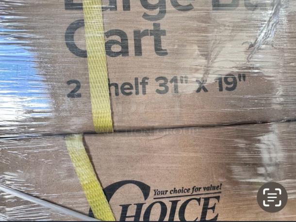 Brand new Choice Large Bus Cart, beige, 31" x 19", 2-shelf heavy-duty commercial grade, with visible packaging and labels.