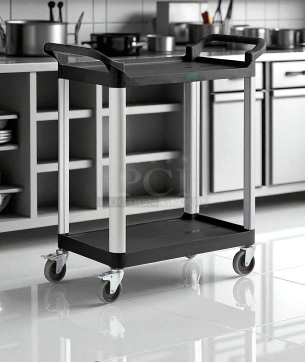 Brand new Choice Large Bus Cart, beige, 31" x 19", 2-shelf, heavy-duty commercial-grade utility cart, shown in kitchen.