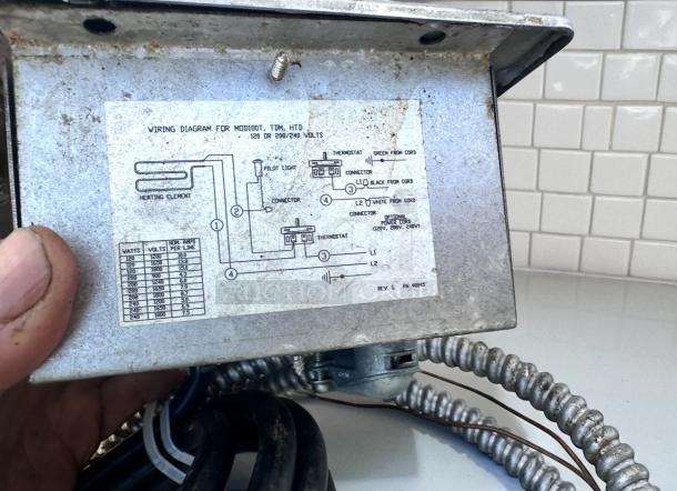 Wells MOD100TDM drop-in food warmer, 120V, excellent condition, wiring diagram visible, fully tested and working.