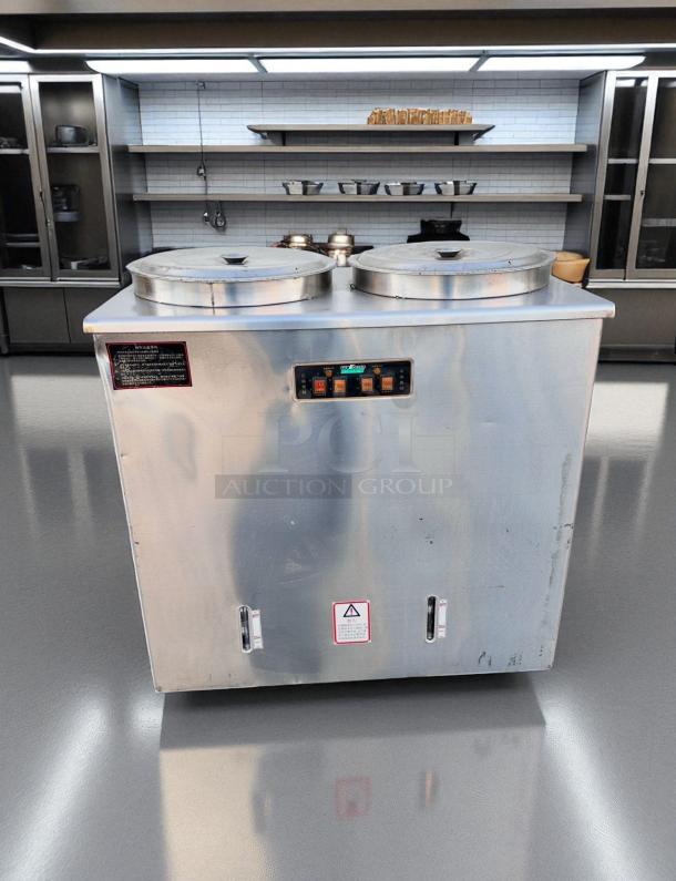 Wellborn BS-65L2 Double Lid Electric Soup/Congee Boiler, 220V, excellent condition, fully tested, control panel visible.