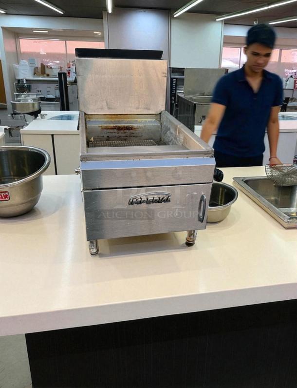 Imperial IFS-25 gas fryer, 65,000 BTU, stainless steel, excellent condition, natural gas, fully tested, in commercial kitchen.