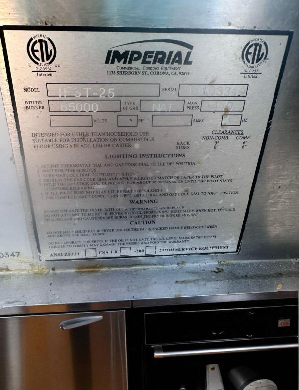 Imperial IFS-25 gas fryer, 65,000 BTU, stainless steel, natural gas, excellent condition, fully tested, model label visible.