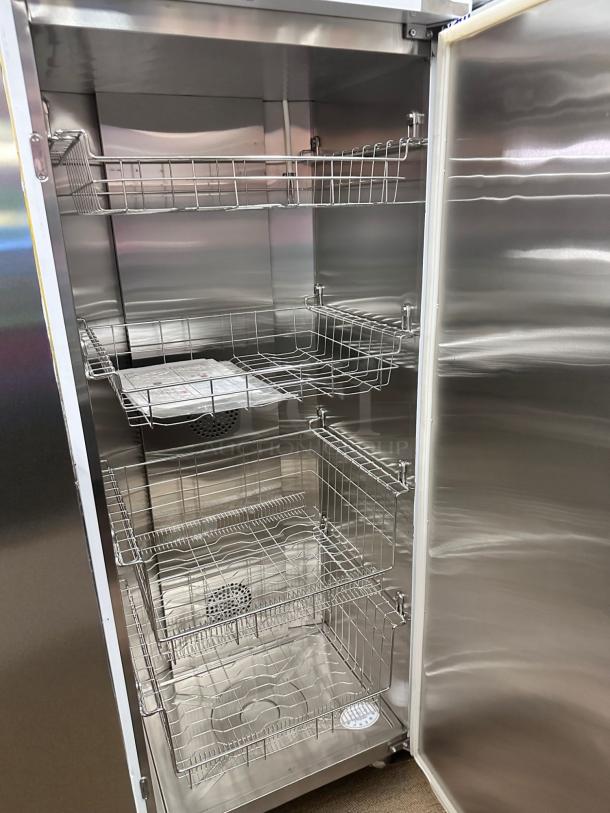 Brand new Meichu RTP360MC-3 stainless steel dish sterilizer cabinet, 220V, high-temp hot air circulation, ready for use.