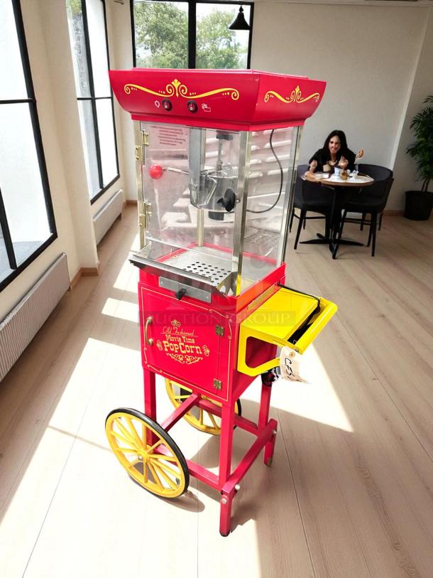 Nostalgia CCP-200 Retro Popcorn Maker Cart in excellent condition, red/yellow, 120V, tested and working, vintage design.