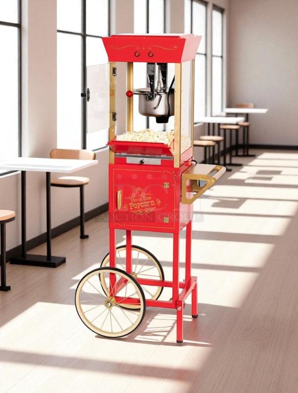 Nostalgia CCP-200 retro popcorn maker cart in excellent condition, featuring red design, large wheels, and 120V power; tested and working.