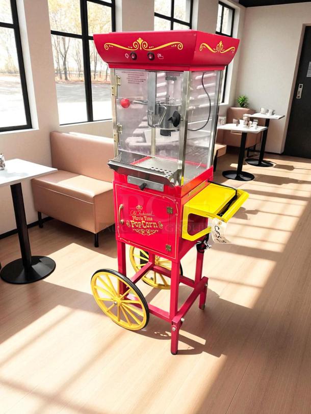 Nostalgia CCP-200 Retro Popcorn Maker Cart in excellent condition, red with yellow accents, tested and working, 120V.