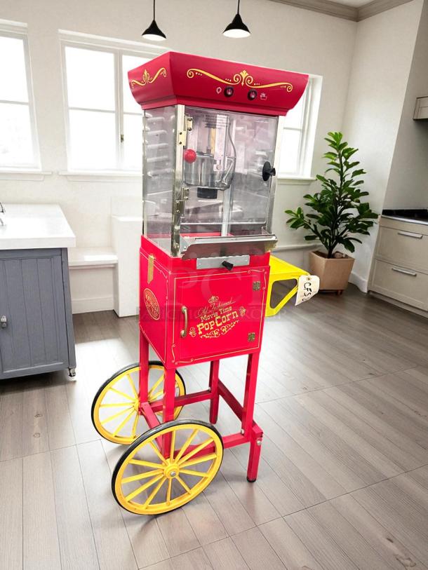 Retro Nostalgia CCP-200 popcorn maker cart in excellent condition, tested and working. Red with vintage-style graphics.