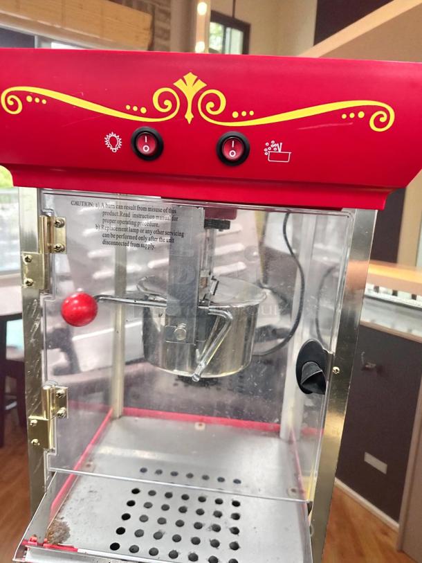 Nostalgia CCP-200 Retro Popcorn Maker Cart, excellent condition, 120V, tested and working, red design, clear door, chute inside.