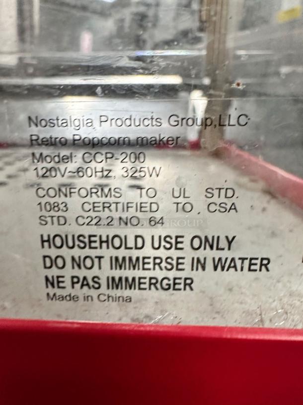 Nostalgia CCP-200 Retro Popcorn Maker label; 120V, tested, working; conforms to UL STD, certified to CSA; made in China.