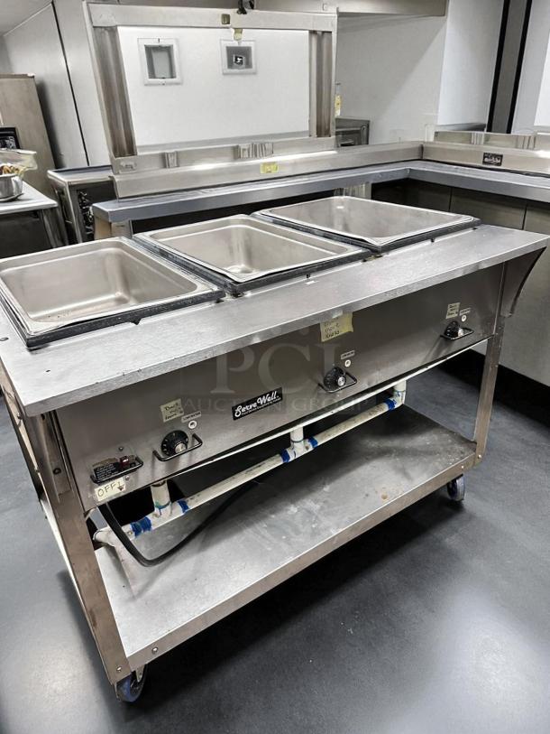 Vollrath ServeWell 3-Well Electric Steam Table in excellent condition. Fully tested and working, featuring control knobs and labels.