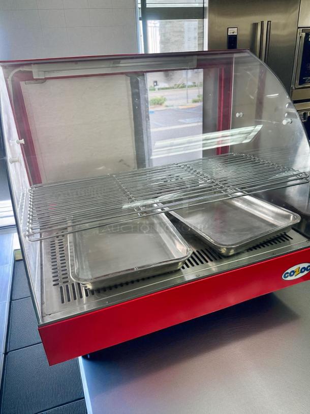 COZOC FW5004-2 countertop food display warmer in excellent condition, 120V, with glass front and stainless steel trays, fully tested.