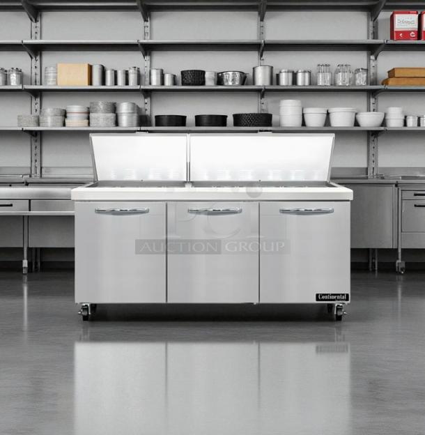 Continental 3-door stainless steel refrigerated worktop salad/sandwich prep table. Excellent condition, fully tested.