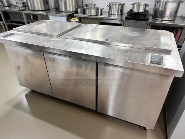 Continental 3-door stainless steel refrigerated worktop, excellent condition, fully tested, ideal for salad/sandwich prep.