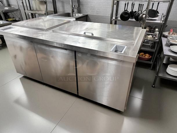 Continental 3-door stainless steel refrigerated worktop prep table, excellent condition, fully tested and working.