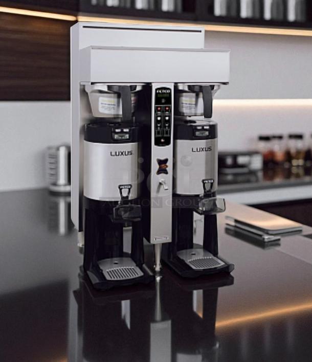FETCO CBS-2042e twin station commercial coffee brewer, 240V, excellent condition, fully tested, featuring Luxus dispensers.