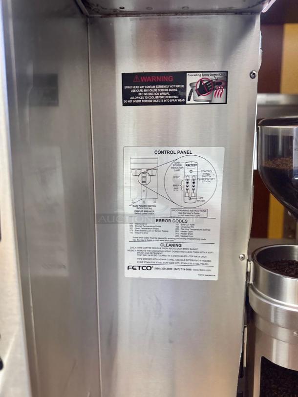 FETCO CBS-2042e Twin Station Commercial Coffee Brewer, 240V. Stainless steel, control panel, error codes, fully tested.