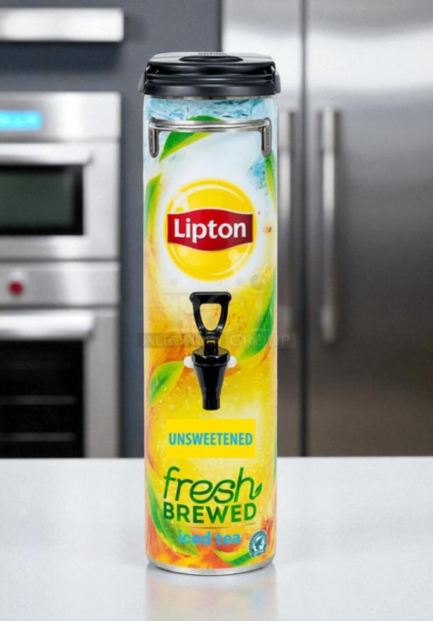 BUNN Lipton Iced Tea Dispenser, 3-gallon model, labeled "unsweetened fresh brewed iced tea," excellent condition.