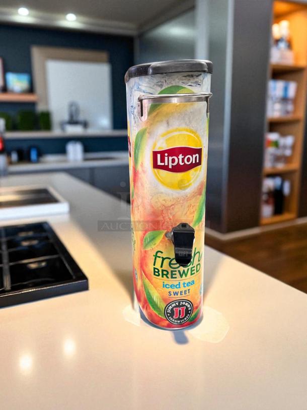 BUNN Lipton 3-gallon iced tea dispenser in great condition, vibrant graphics, fully tested and working, for sweet iced tea.