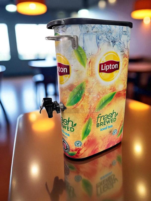 BUNN Lipton 3-gallon iced tea dispenser, great condition, featuring "fresh brewed" graphics, tested and fully working.