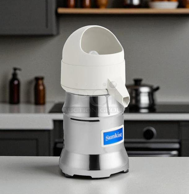 Sunkist 8R AOZ commercial juice extractor, excellent condition, stainless steel, 115V, fully tested, blue Sunkist logo.