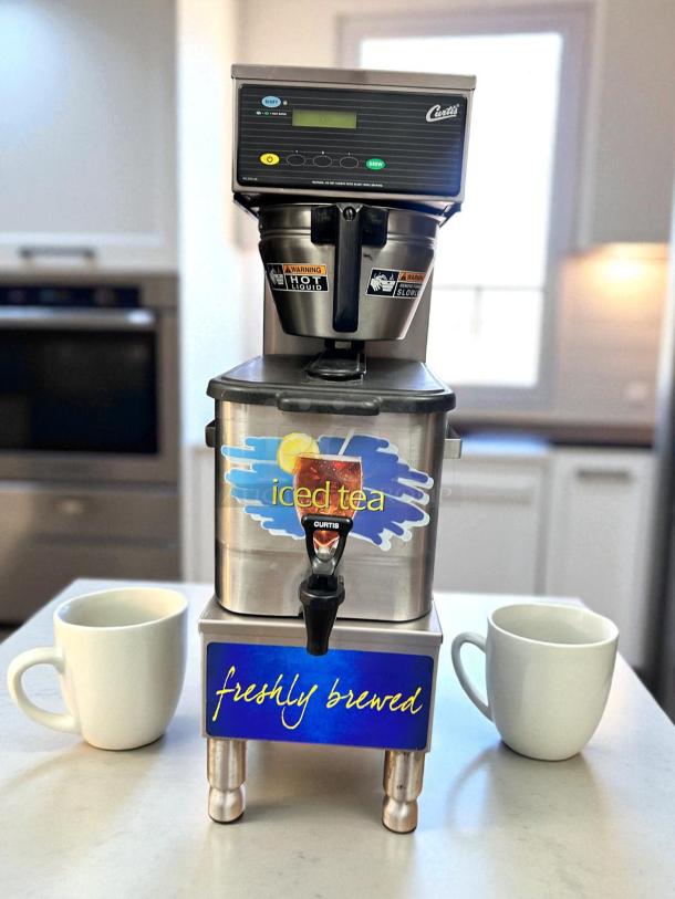 Wilbur Curtis TBP Iced Tea Brewer, excellent condition, 120V, fully tested, "iced tea" and "freshly brewed" labels visible.