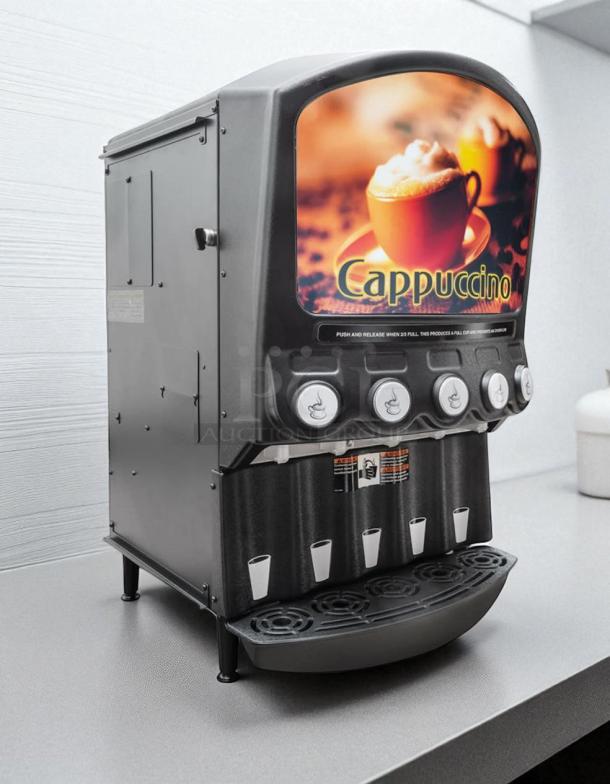 Grindmaster PIC5 dispenser, 5-hopper, excellent condition, 120V, tested working, cappuccino image on front panel.