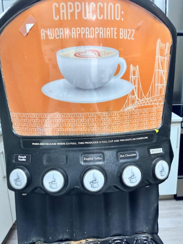 Grindmaster PIC5 powdered beverage dispenser, 5-hopper model in excellent condition, 120V, fully tested and working, offering multiple drink options like French Vanilla and Mocha.