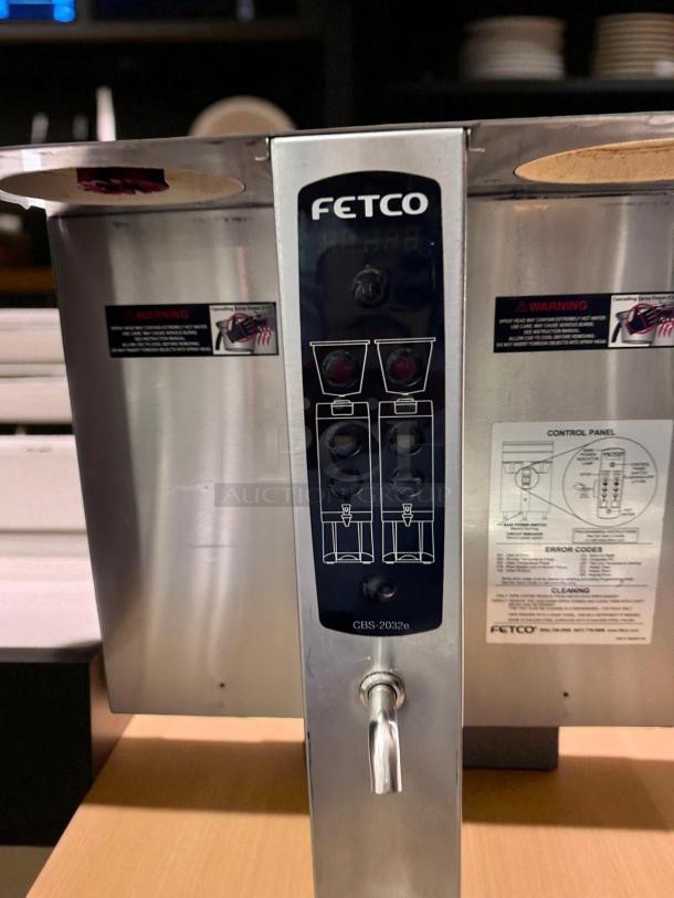 Fetco CBS-2032e dual station coffee brewer, outstanding condition, 220-240V, fully tested, control panel visible.