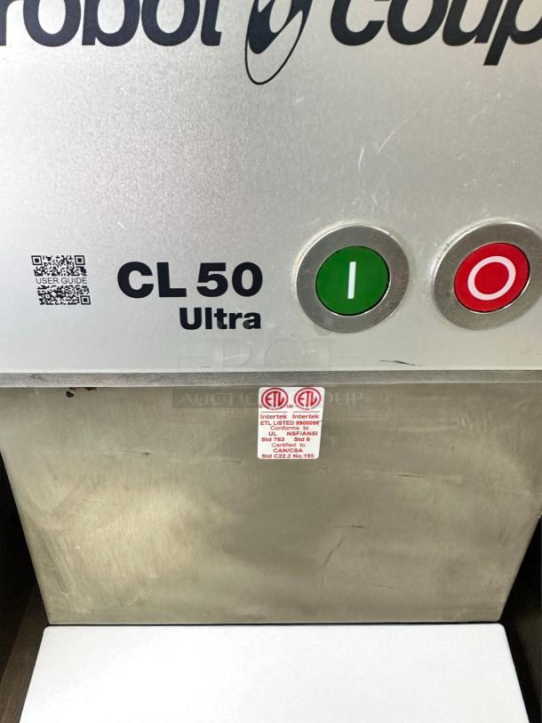 Robot Coupe CL50 Ultra commercial food processor in excellent condition with heavy-duty build. Clean and tested, ETL listed label visible.