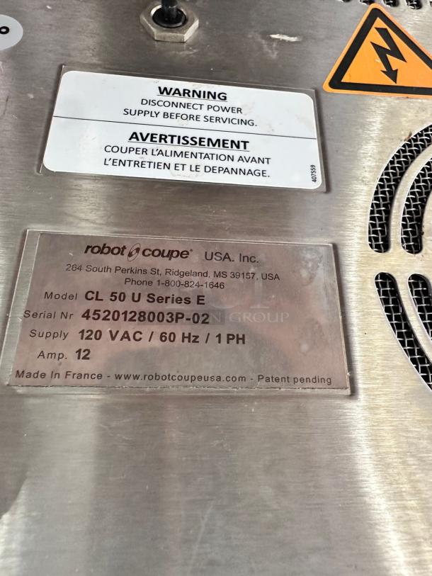 Robot Coupe CL50 Ultra food processor label showing model, serial number, and power specifications; excellent condition.