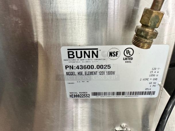 BUNN H5E hot water dispenser label, 120V, 1800W, excellent condition, NSF and UL listed, serial HE00022552.