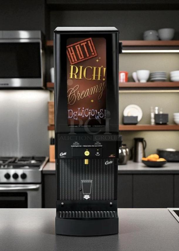 Curtis PC-1D-10 hot chocolate and cappuccino dispenser, excellent condition, fully tested, 120V, branded panel visible.