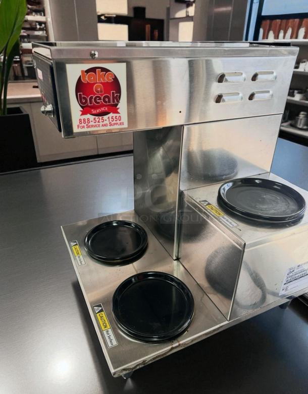 Curtis ALP3GTR12A000 3-Burner Automatic Coffee Brewer, 120V, stainless steel, excellent condition, fully tested, with service label.
