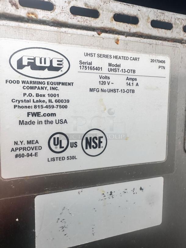 FWE UHST-13-OTB Heated Holding Cabinet label, 120V, serial 175165401, UL and NSF certified, outstanding condition.