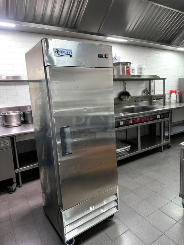 Avantco 178A19FHC single door reach-in refrigerator in excellent condition, stainless steel, fully tested, working, in kitchen setting.