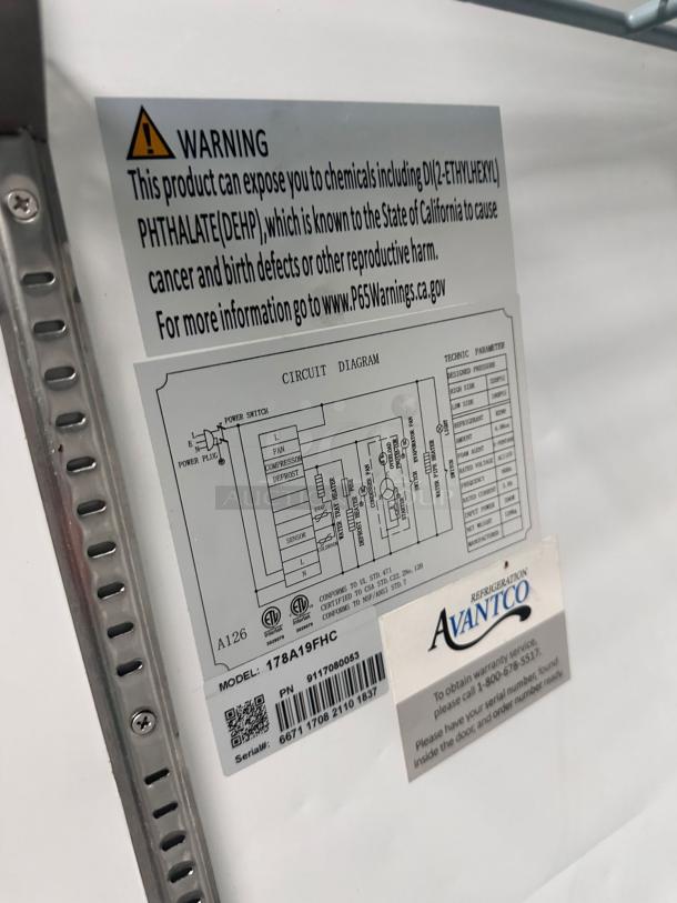 Avantco 178A19FHC single door reach-in refrigerator in excellent condition, includes circuit diagram and safety warning label.