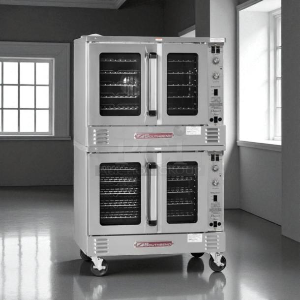 Double-stack Southbend KLG.S/27SC natural gas convection ovens, excellent condition, fully tested, stainless steel, paneled doors.