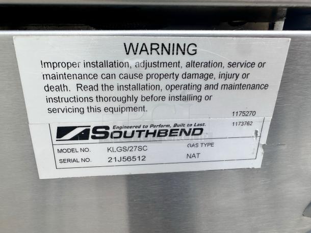 Label on Southbend KLG.S/27SC model convection oven, detailing gas type as natural, with installation warnings visible.