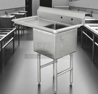 Brand New Advance Tabco FC-1-1620-18L stainless steel sink, one-compartment, for heavy-duty commercial use, NSF certified.
