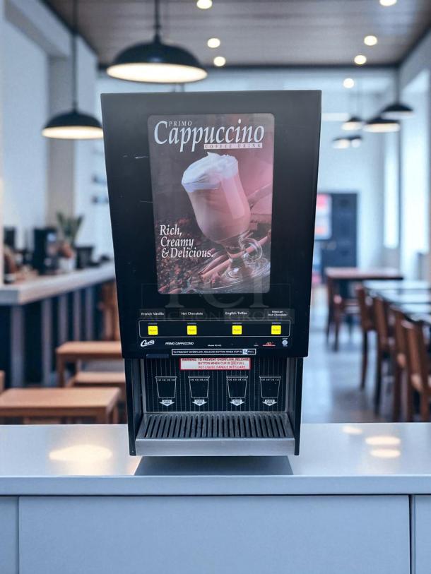 Wilbur Curtis PC-4D-10-01 cappuccino machine, 4-flavor, 120V, excellent condition, fully tested, black finish, cafe setting.