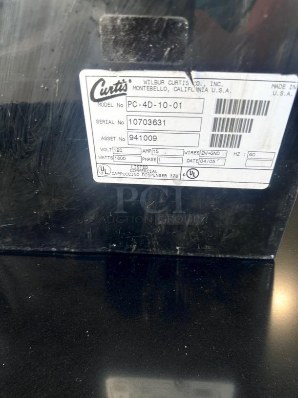 Curtis PC-4D-10-01 hot cappuccino dispenser label showing model, serial, and voltage details. Excellent condition.