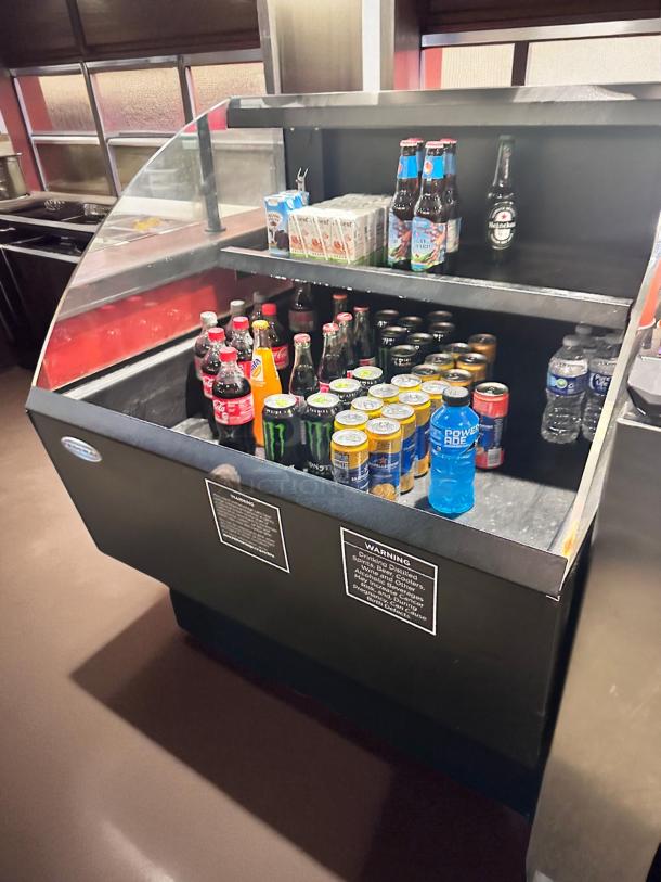 Federal Open-Air Refrigerated Merchandiser, black, excellent condition, fully tested and working, with various drinks displayed.