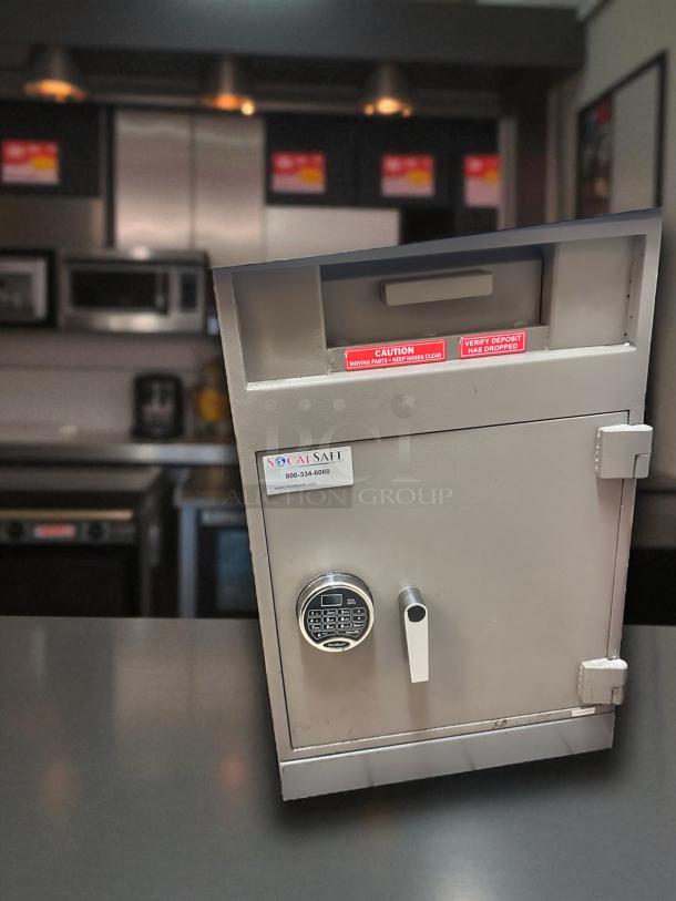 SoCal Safe, Standard Drop-Slot Deposit Safe, excellent condition, digital keypad, caution labels visible, model fully tested.