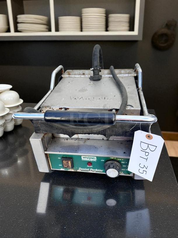 Waring Commercial Panini Perfetto press, tested and working, with visible brand logo and model name, includes tag "BPT 35".